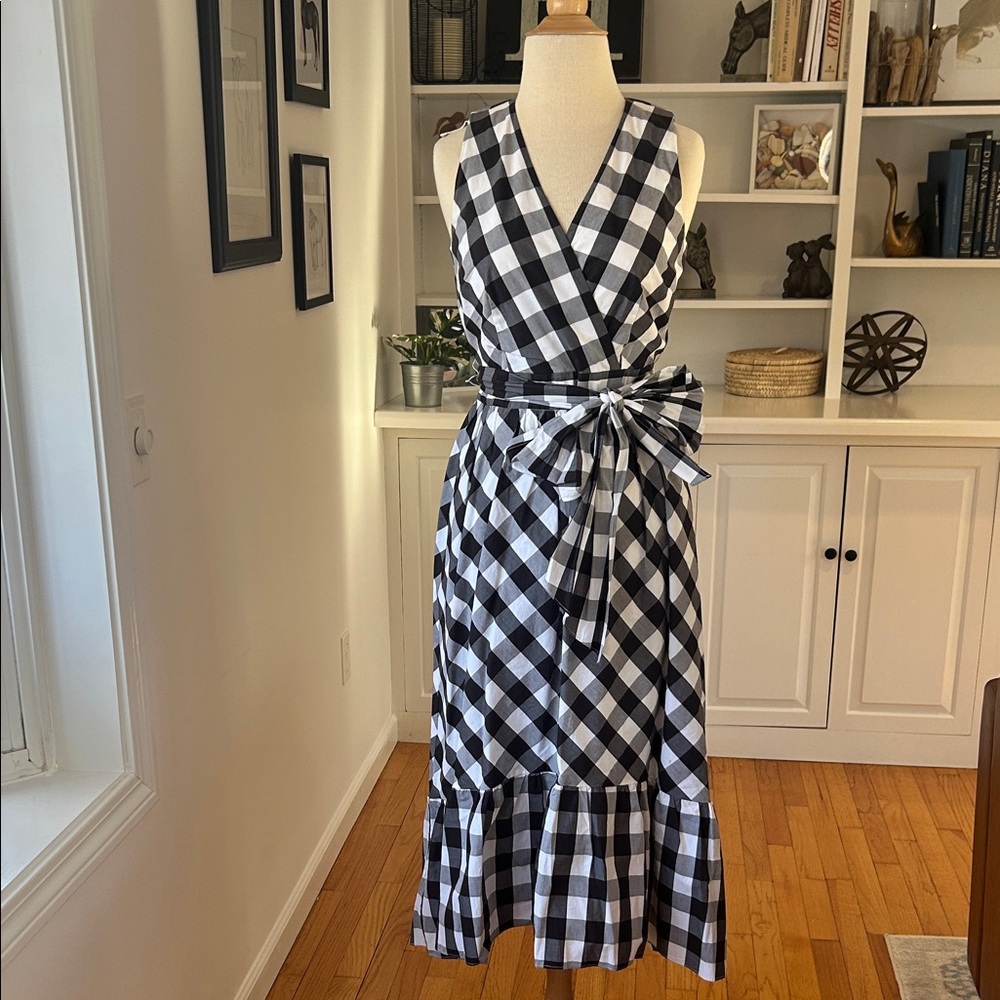 J. Crew Black and White Gingham Midi Dress